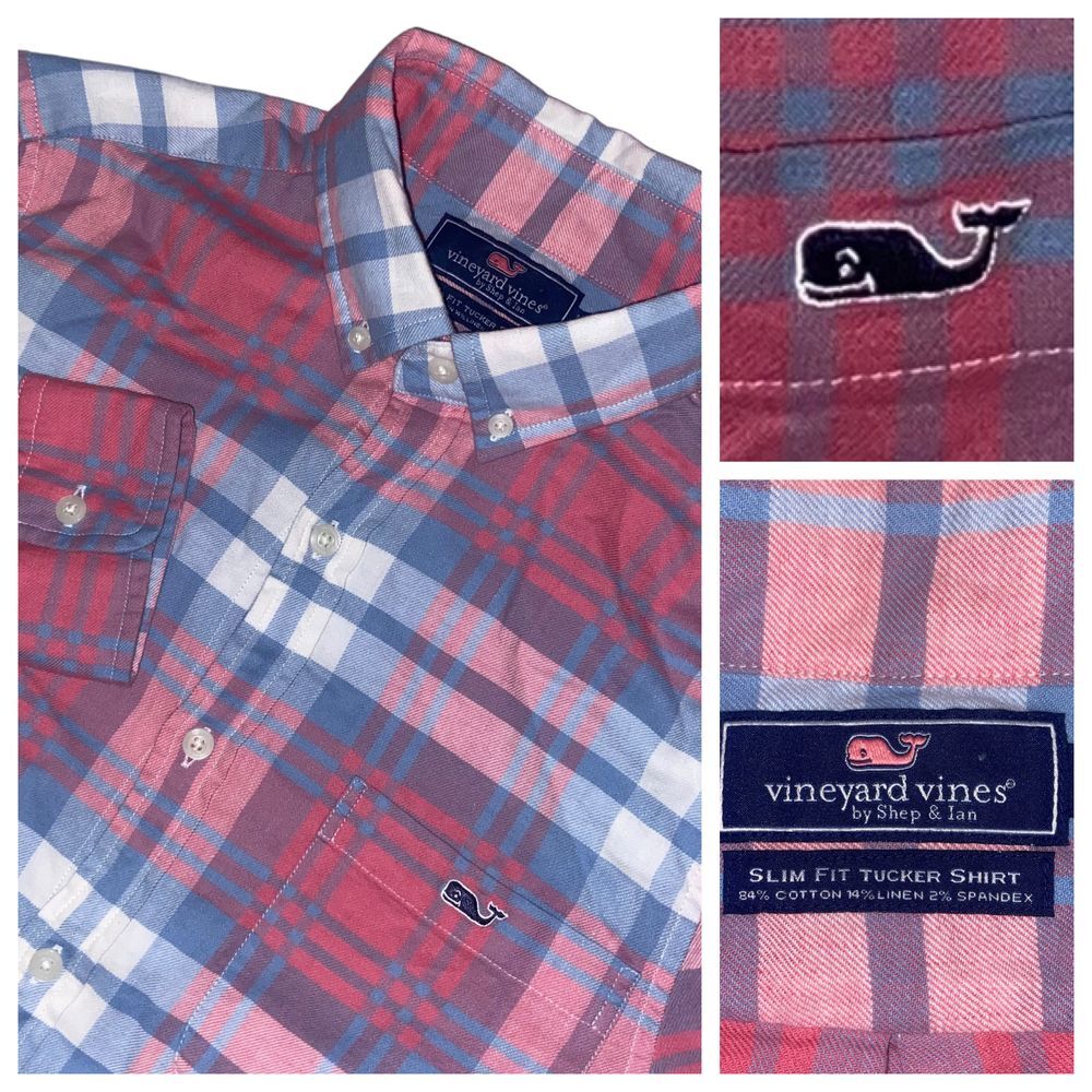 Vineyard‎ Vines Slim Fit Tucker Plaid Button Down Shirt Red Blue Cotton Blend XS